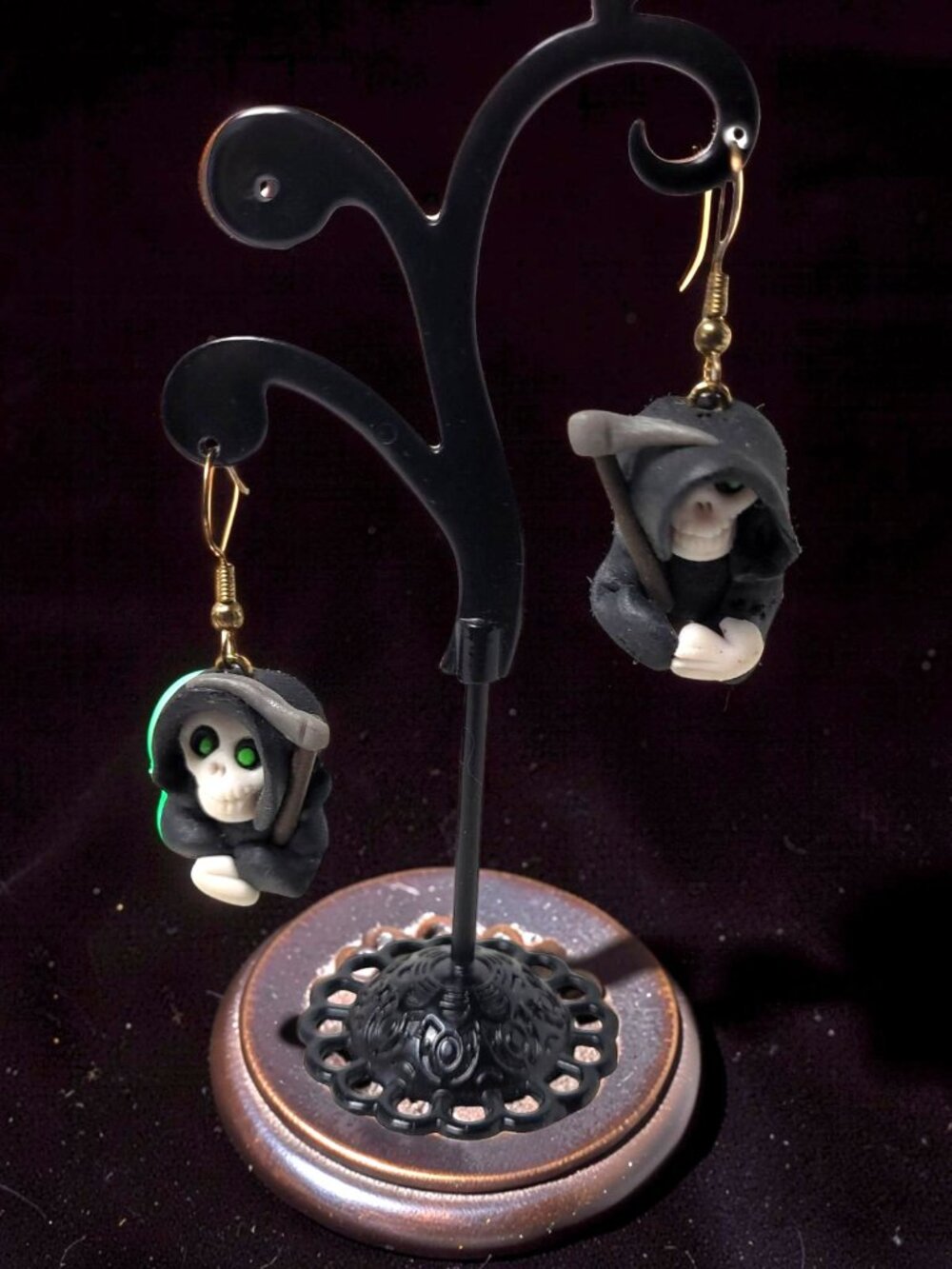 Pair of Rhinestone Green Eyes Skeleton Grim Reaper Ear Hook Earrings